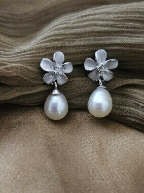 14k Solid White Gold Plumeria Earrings